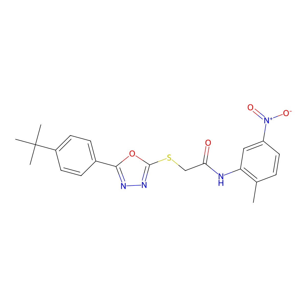 2-((5-(4-(tert-Butyl)phenyl)-1,3,4-oxadiazol-2-yl)thio)-N-(2-methyl-5-nitrophenyl)acetamide molecular structure, CAS 337503-53-4