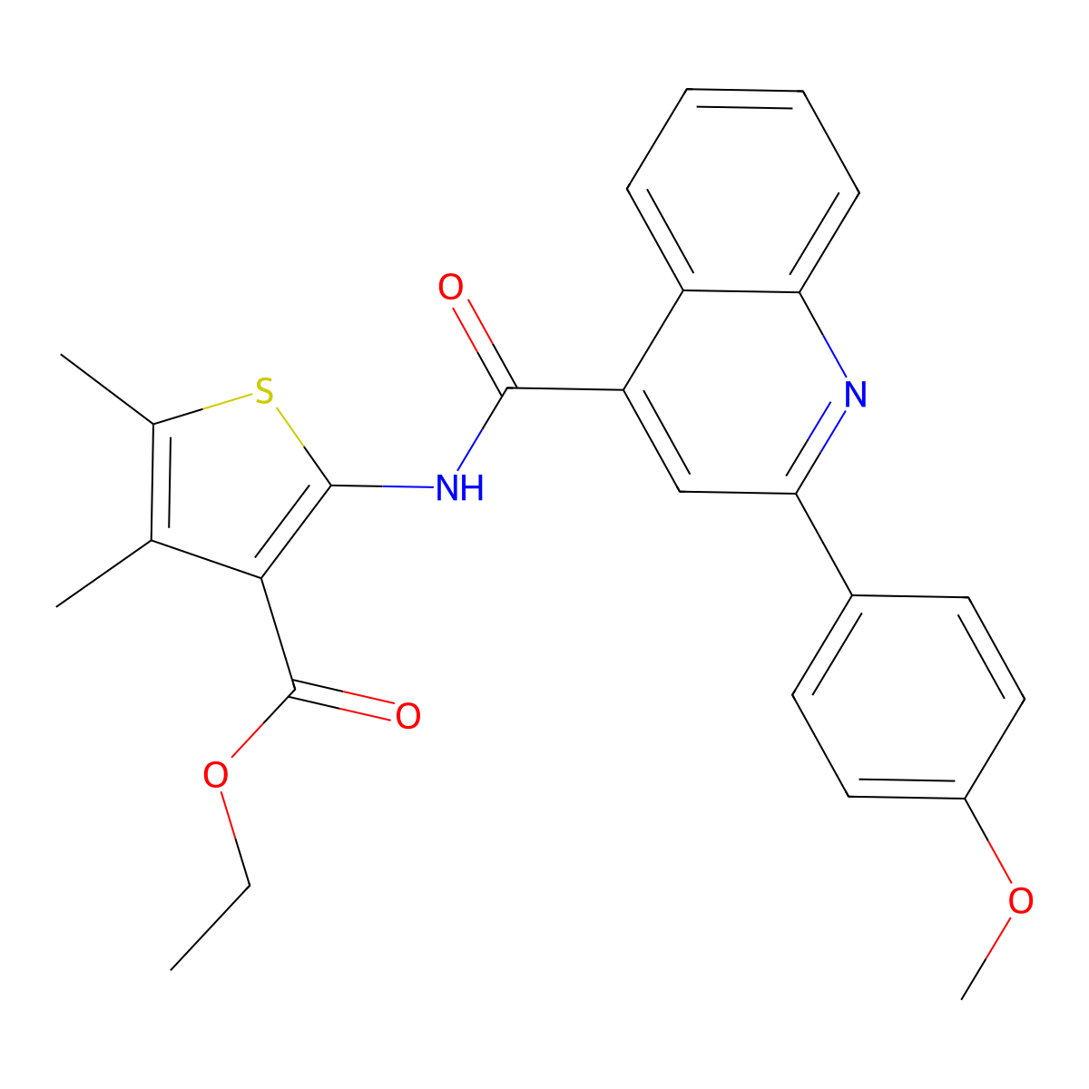 Ethyl 2-(2-(4-methoxyphenyl)quinoline-4-carboxamido)-4,5-dimethylthiophene-3-carboxylate molecular structure, CAS 337503-93-2