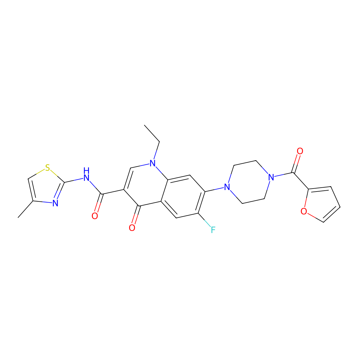 1-ethyl-6-fluoro-7-[4-(furan-2-carbonyl)piperazin-1-yl]-N-(4-methyl-1,3-thiazol-2-yl)-4-oxoquinoline-3-carboxamide molecular structure, CAS 337504-63-9