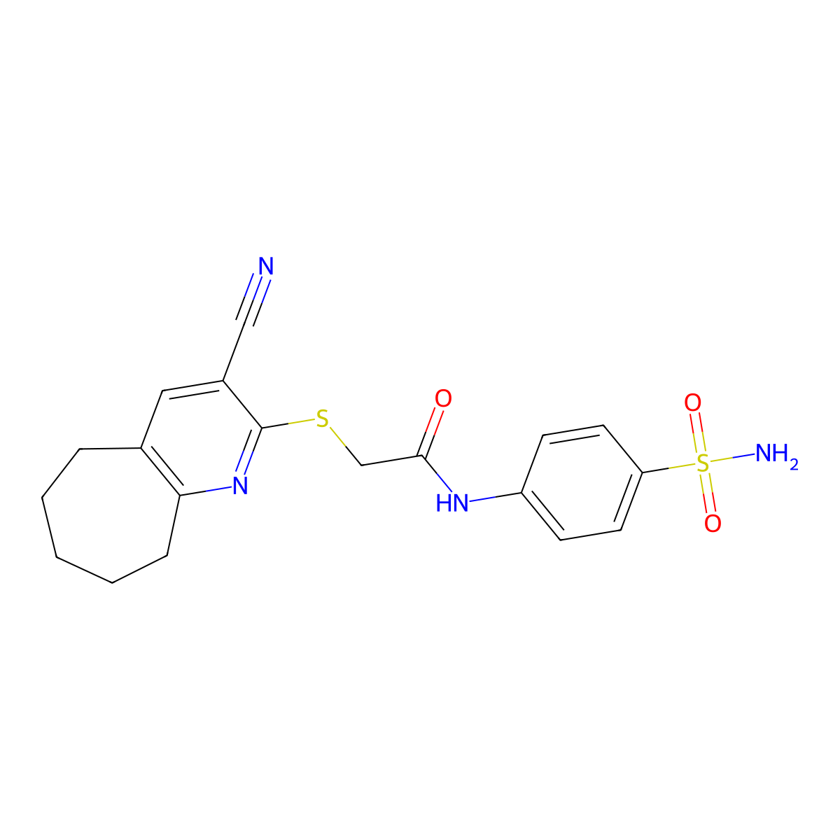 2-[(3-cyano-6,7,8,9-tetrahydro-5H-cyclohepta[b]pyridin-2-yl)sulfanyl]-N-(4-sulfamoylphenyl)acetamide molecular structure, CAS 337505-13-2