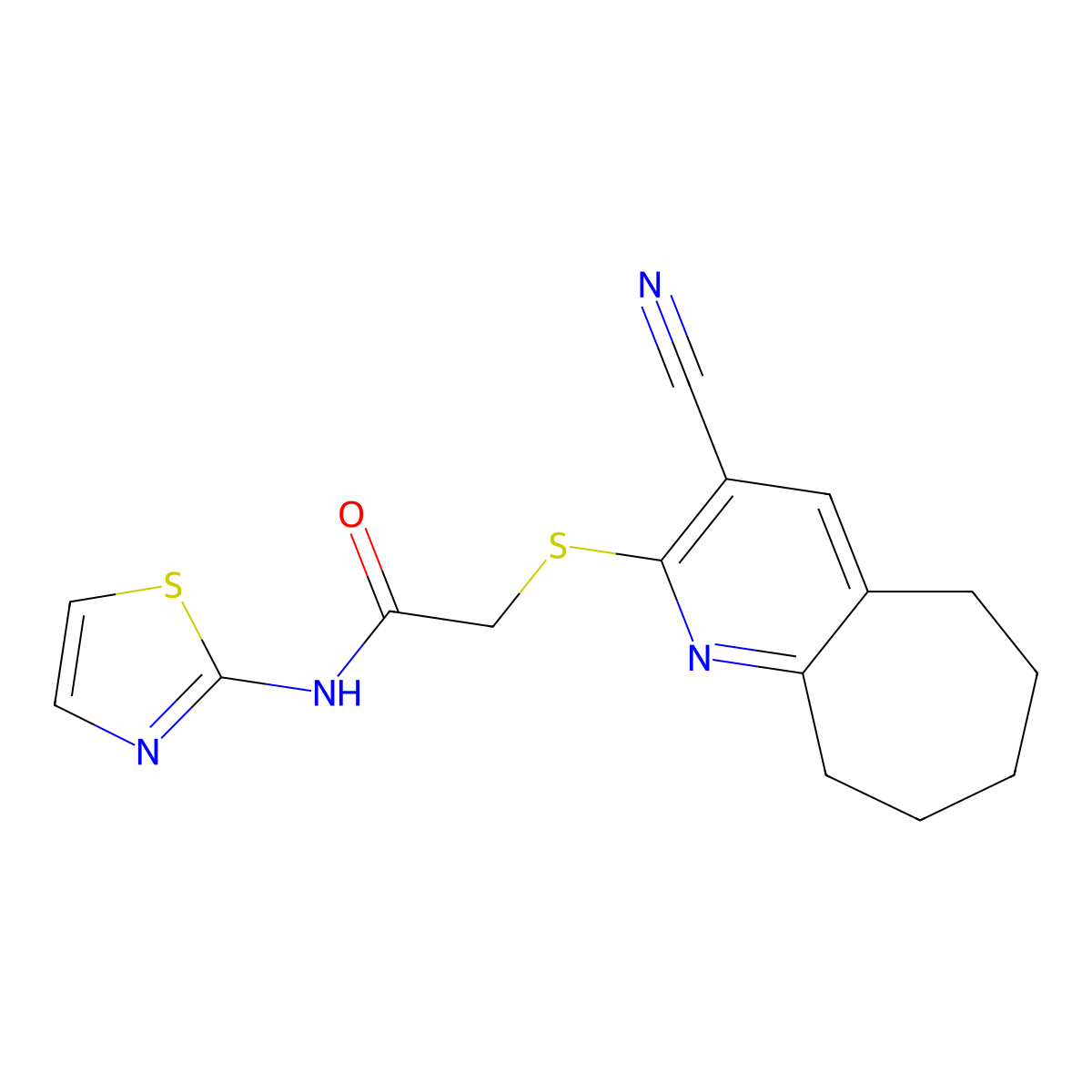 2-[(3-cyano-6,7,8,9-tetrahydro-5H-cyclohepta[b]pyridin-2-yl)sulfanyl]-N-(1,3-thiazol-2-yl)acetamide molecular structure, CAS 337505-22-3
