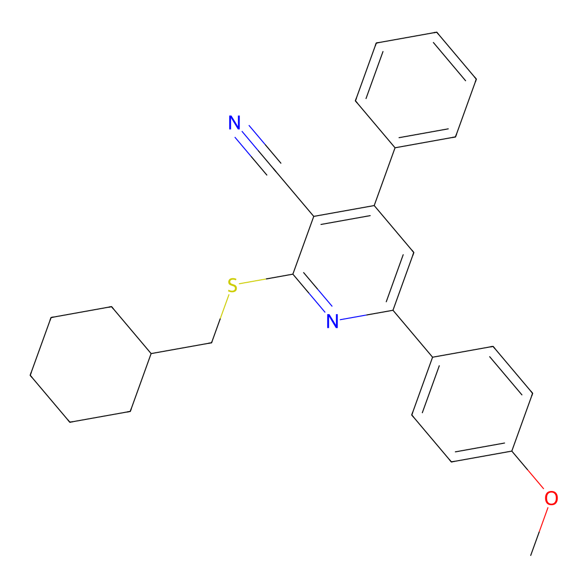 2-((Cyclohexylmethyl)thio)-6-(4-methoxyphenyl)-4-phenylnicotinonitrile molecular structure, CAS 337505-55-2