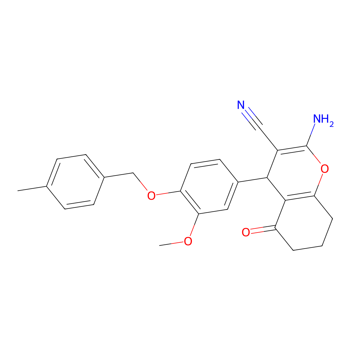 2-Amino-4-(3-methoxy-4-((4-methylbenzyl)oxy)phenyl)-5-oxo-5,6,7,8-tetrahydro-4H-chromene-3-carbonitrile molecular structure, CAS 337505-86-9