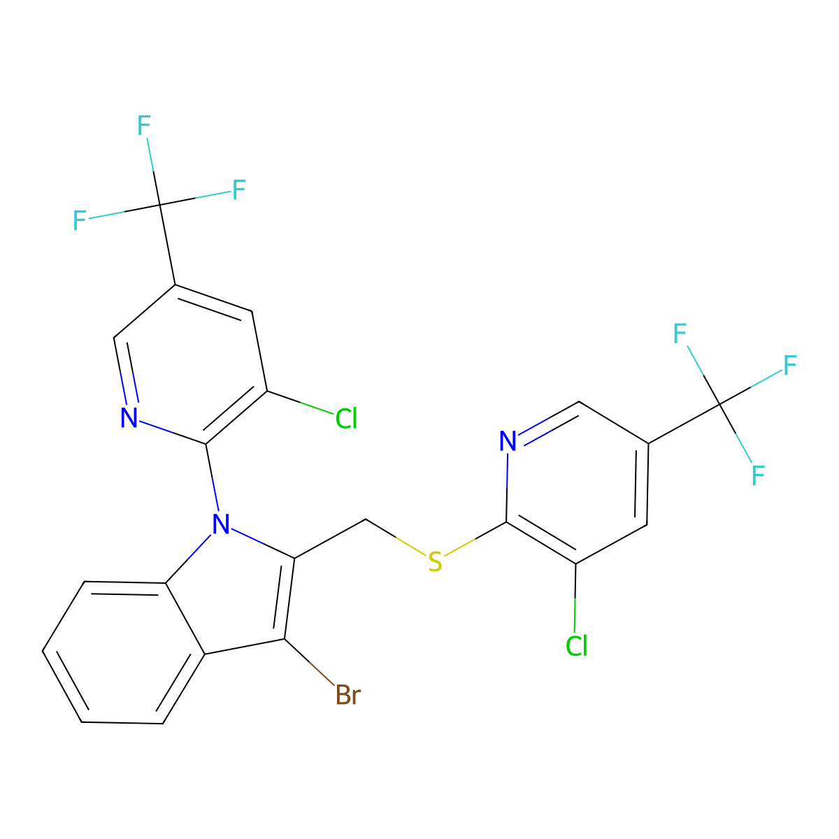 3-Bromo-1-[3-chloro-5-(trifluoromethyl)pyridin-2-yl]-2-[[3-chloro-5-(trifluoromethyl)pyridin-2-yl]sulfanylmethyl]indole molecular structure, CAS 337920-33-9