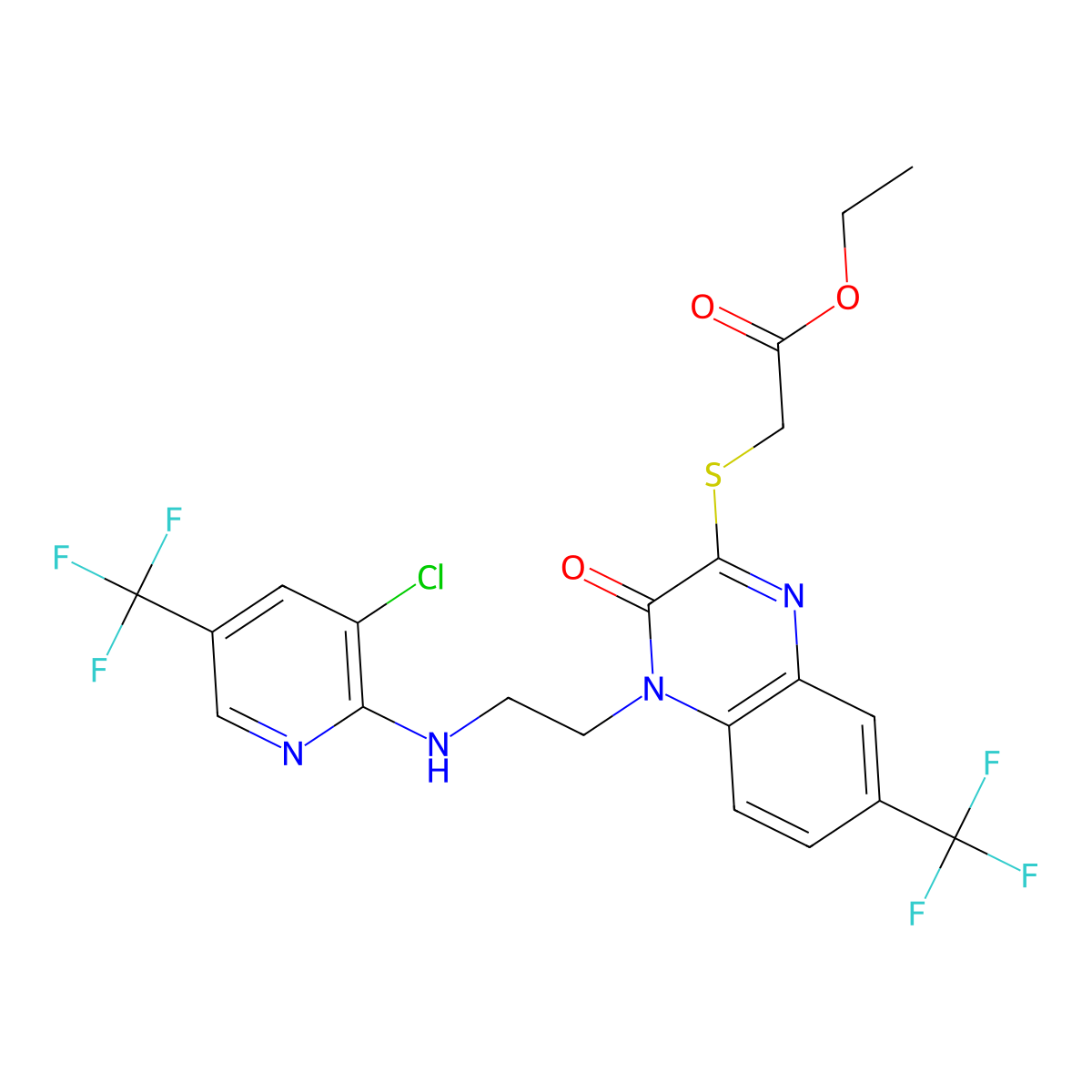 Ethyl 2-((4-(2-((3-chloro-5-(trifluoromethyl)-2-pyridinyl)amino)ethyl)-3-oxo-7-(trifluoromethyl)-3,4-dihydro-2-quinoxalinyl)sulfanyl)acetate molecular structure, CAS 337921-06-9