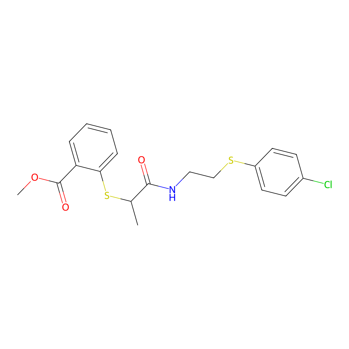 Methyl 2-{[2-({2-[(4-chlorophenyl)sulfanyl]ethyl}amino)-1-methyl-2-oxoethyl]sulfanyl}benzenecarboxylate molecular structure, CAS 337923-45-2