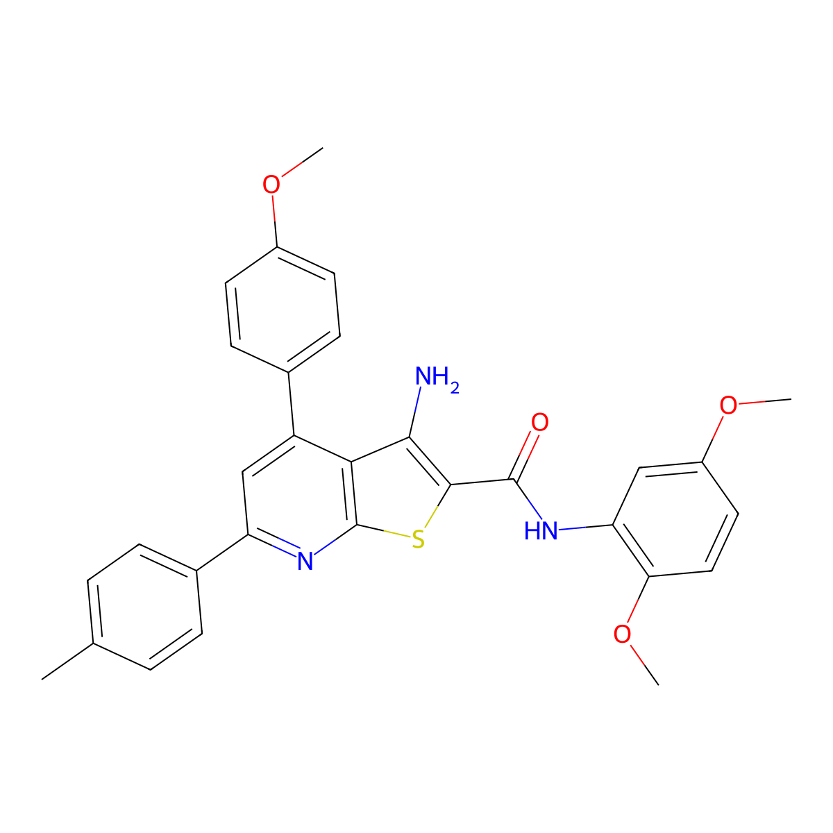 3-amino-N-(2,5-dimethoxyphenyl)-4-(4-methoxyphenyl)-6-(4-methylphenyl)thieno[2,3-b]pyridine-2-carboxamide molecular structure, CAS 337923-72-5