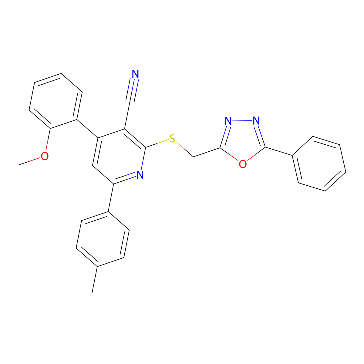 4-(2-Methoxyphenyl)-2-(((5-phenyl-1,3,4-oxadiazol-2-yl)methyl)thio)-6-(p-tolyl)nicotinonitrile molecular structure, CAS 337923-84-9