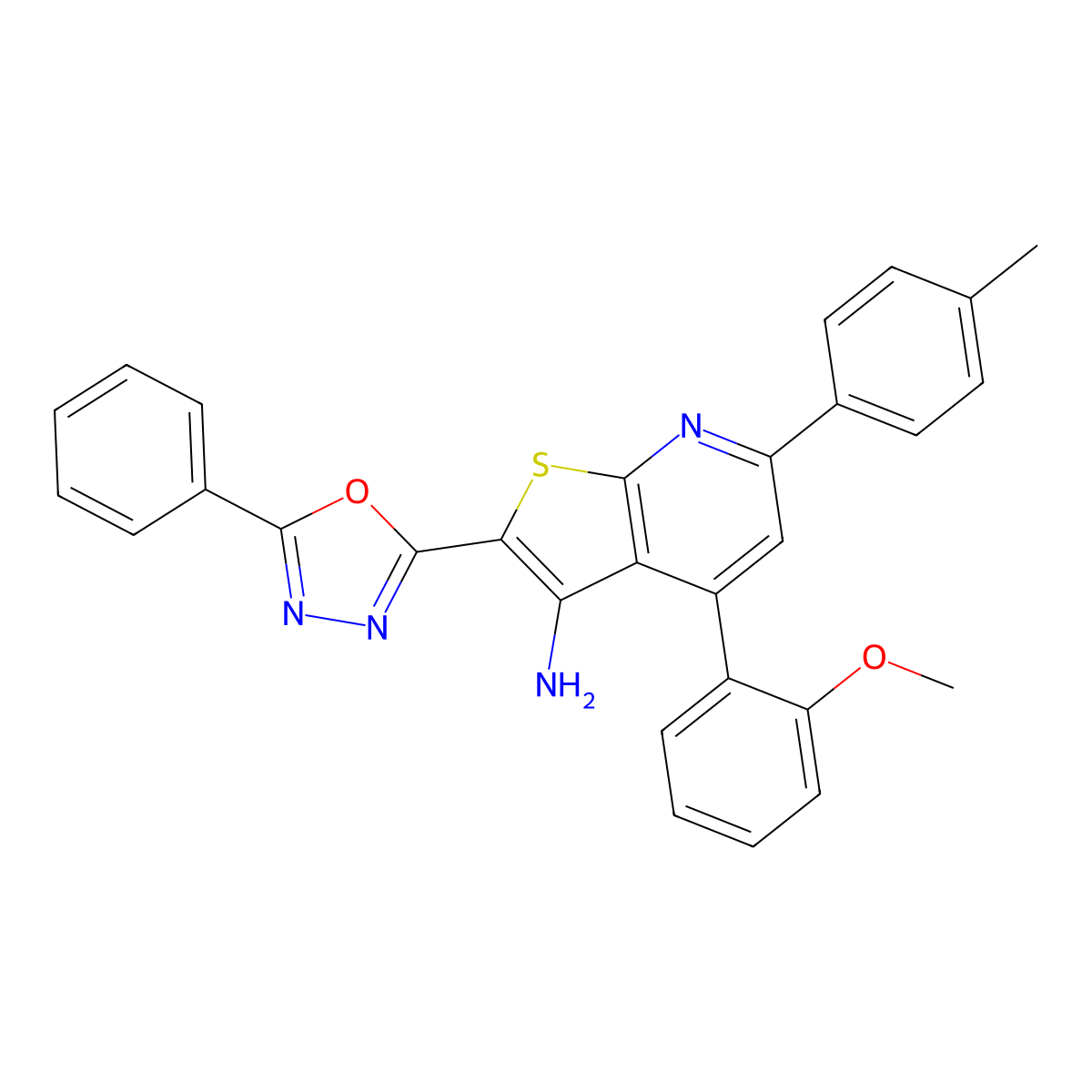 4-(2-Methoxyphenyl)-6-(4-methylphenyl)-2-(5-phenyl-1,3,4-oxadiazol-2-yl)thieno[2,3-b]pyridin-3-ylamine molecular structure, CAS 337923-86-1