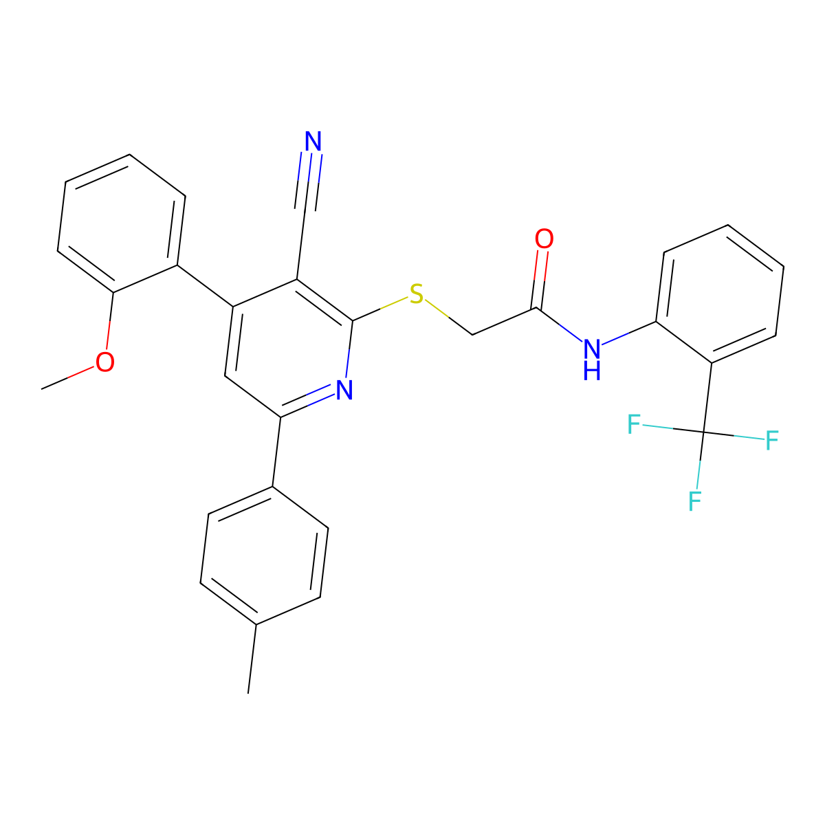 2-((3-Cyano-4-(2-methoxyphenyl)-6-(p-tolyl)pyridin-2-yl)thio)-N-(2-(trifluoromethyl)phenyl)acetamide molecular structure, CAS 337923-92-9