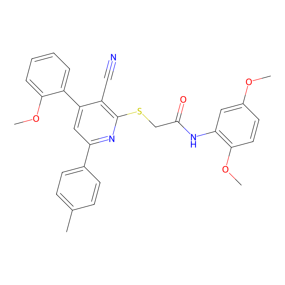 2-((3-Cyano-4-(2-methoxyphenyl)-6-(p-tolyl)pyridin-2-yl)thio)-N-(2,5-dimethoxyphenyl)acetamide molecular structure, CAS 337924-08-0
