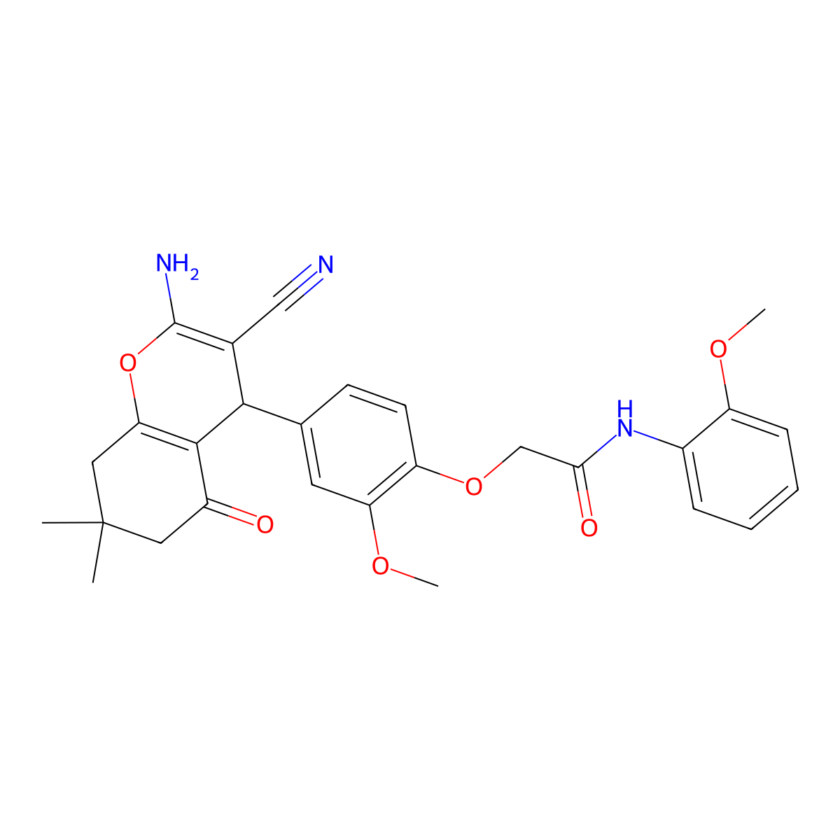 2-[4-(2-amino-3-cyano-7,7-dimethyl-5-oxo-6,8-dihydro-4H-chromen-4-yl)-2-methoxyphenoxy]-N-(2-methoxyphenyl)acetamide molecular structure, CAS 337924-96-6