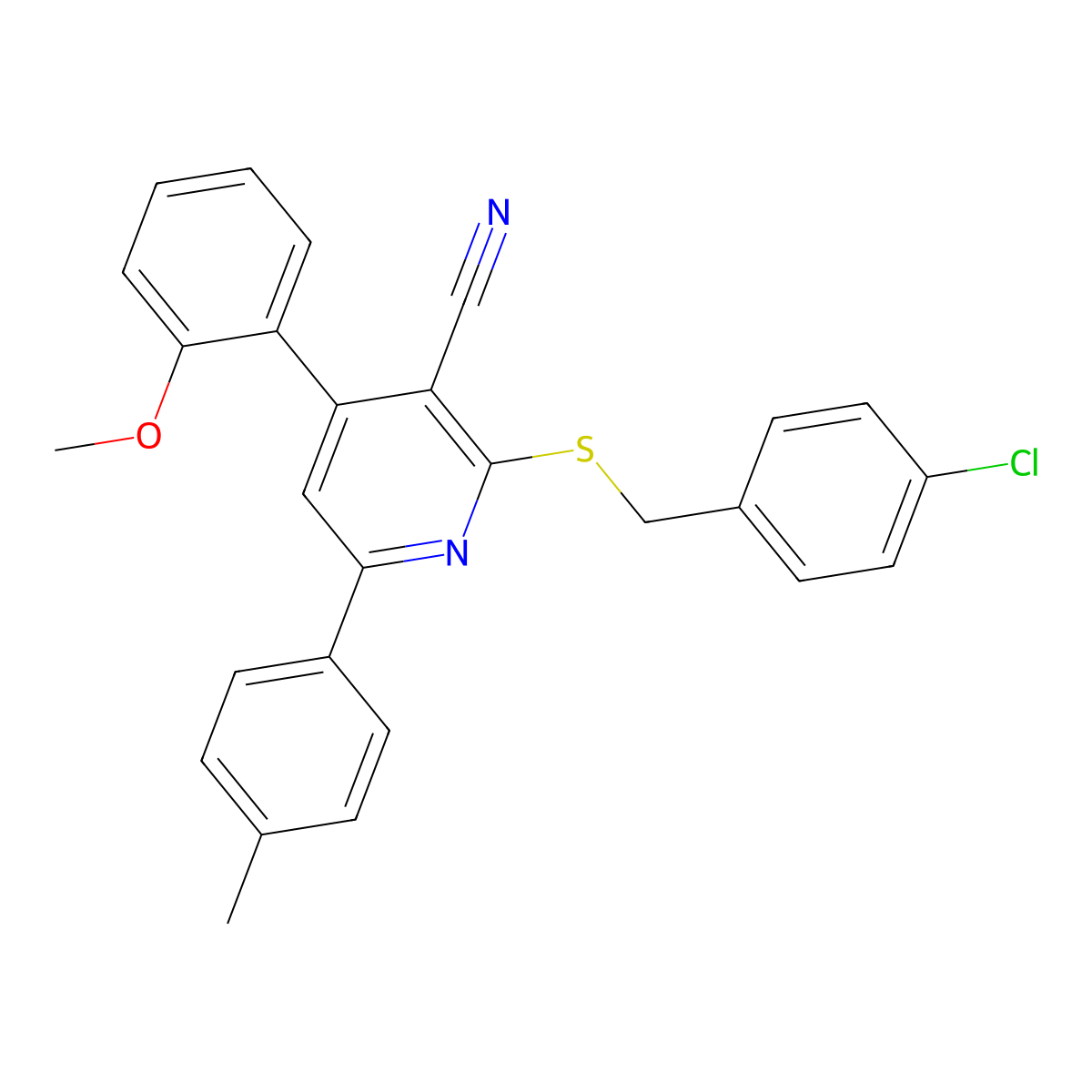 2-((4-Chlorobenzyl)thio)-4-(2-methoxyphenyl)-6-(p-tolyl)nicotinonitrile molecular structure, CAS 337925-12-9