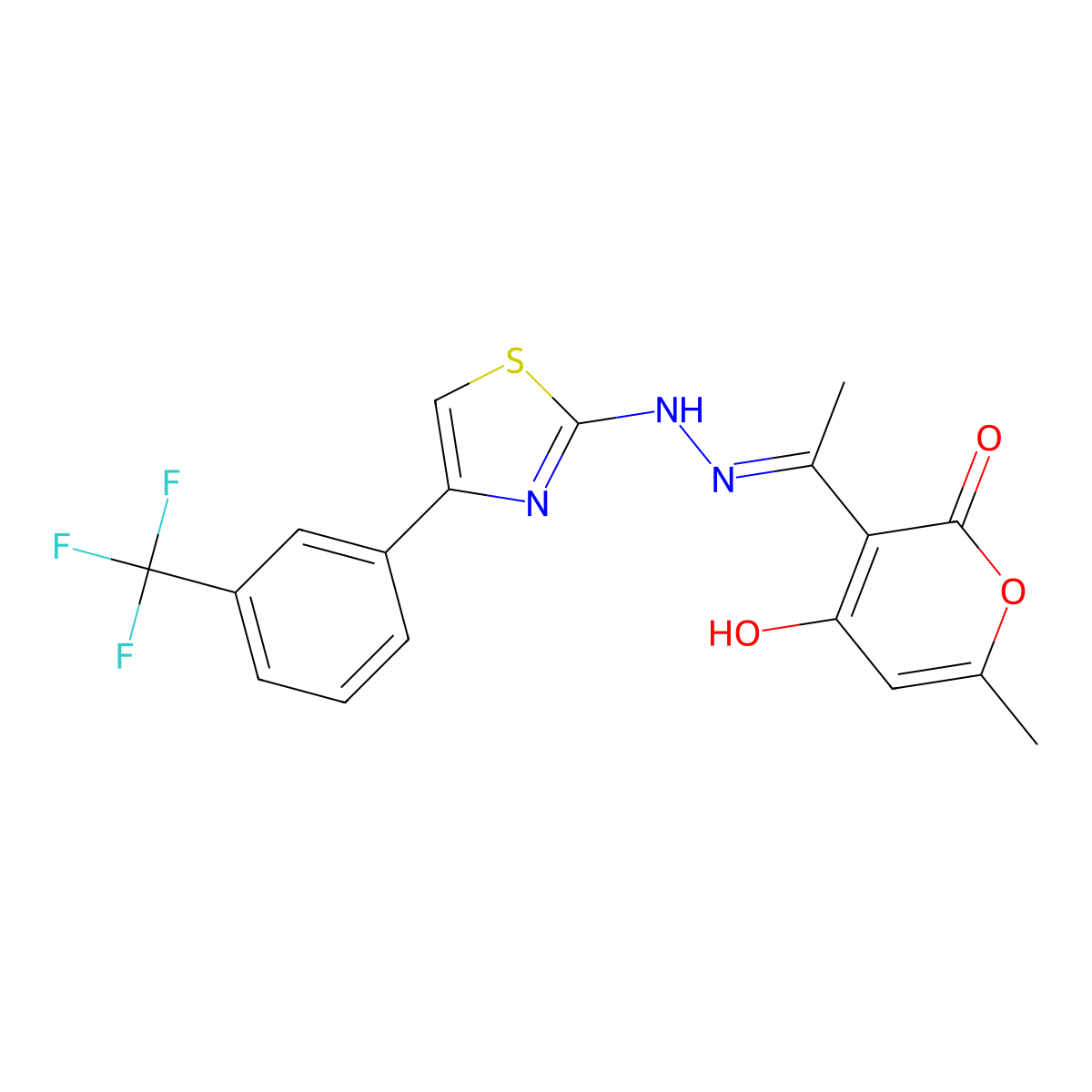 4-hydroxy-6-methyl-3-(2-{4-[3-(trifluoromethyl)phenyl]-1,3-thiazol-2-yl}ethanehydrazonoyl)-2H-pyran-2-one molecular structure, CAS 337928-71-9
