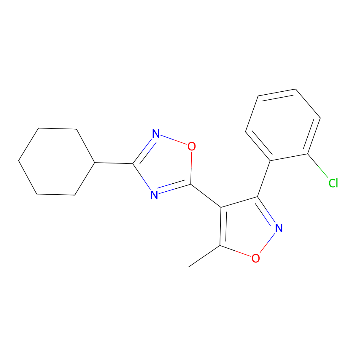 5-[3-(2-Chlorophenyl)-5-methyl-1,2-oxazol-4-yl]-3-cyclohexyl-1,2,4-oxadiazole molecular structure, CAS 337932-10-2