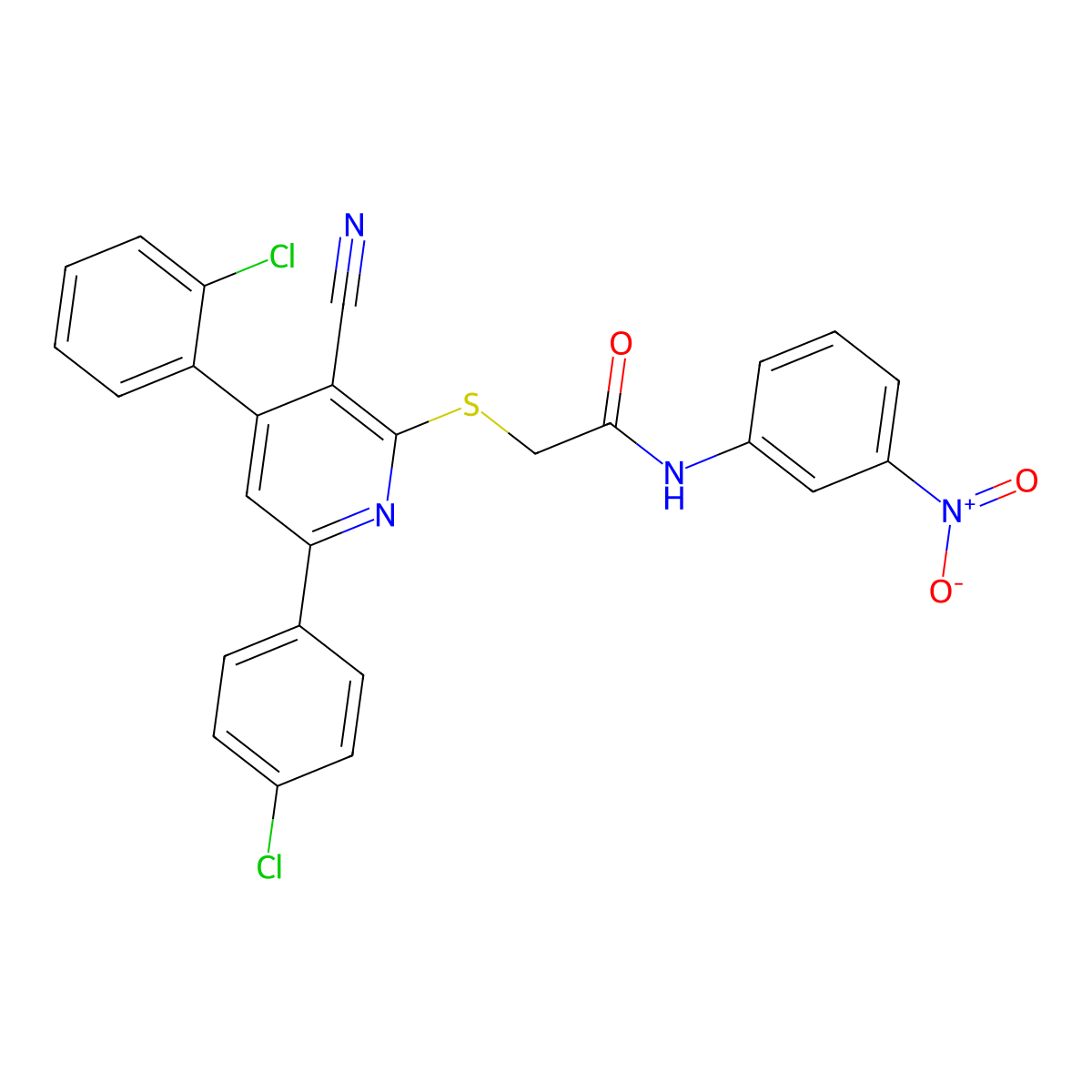 2-((4-(2-Chlorophenyl)-6-(4-chlorophenyl)-3-cyanopyridin-2-yl)thio)-N-(3-nitrophenyl)acetamide molecular structure, CAS 337935-93-0