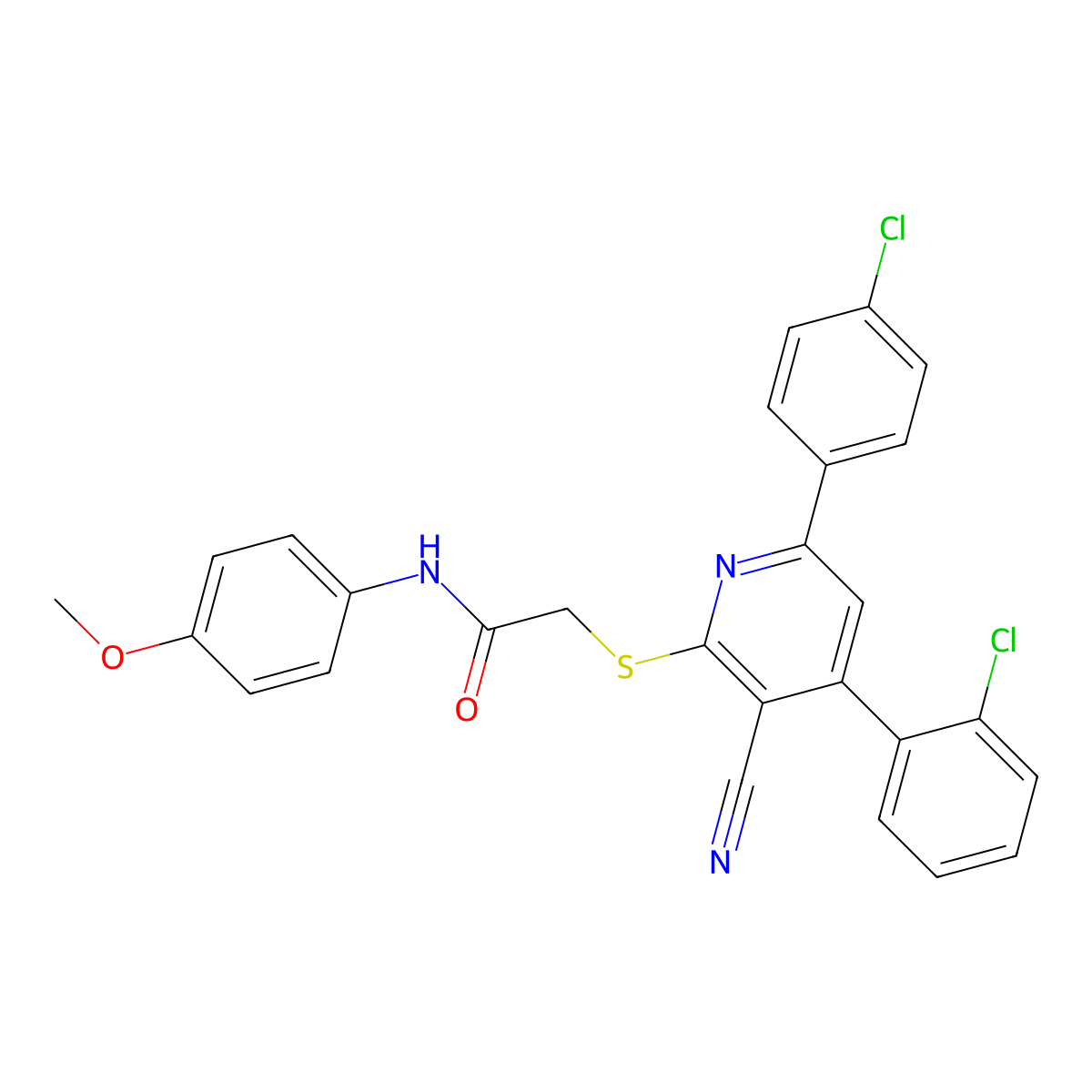 2-((4-(2-Chlorophenyl)-6-(4-chlorophenyl)-3-cyanopyridin-2-yl)thio)-N-(4-methoxyphenyl)acetamide molecular structure, CAS 337936-16-0