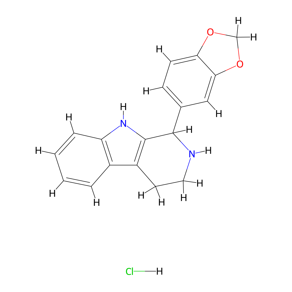 9H-Pyrido(3,4-b)indole, 1,2,3,4-tetrahydro-1-(1,3-benzodioxol-5-yl)-, hydrochloride molecular structure, CAS 3380-75-4