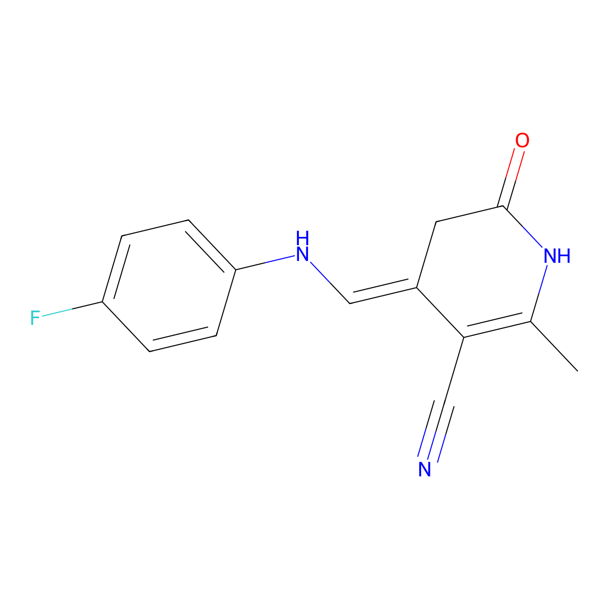 4-[(4-Fluoroanilino)methylene]-2-methyl-6-oxo-1,4,5,6-tetrahydro-3-pyridinecarbonitrile molecular structure, CAS 338392-23-7
