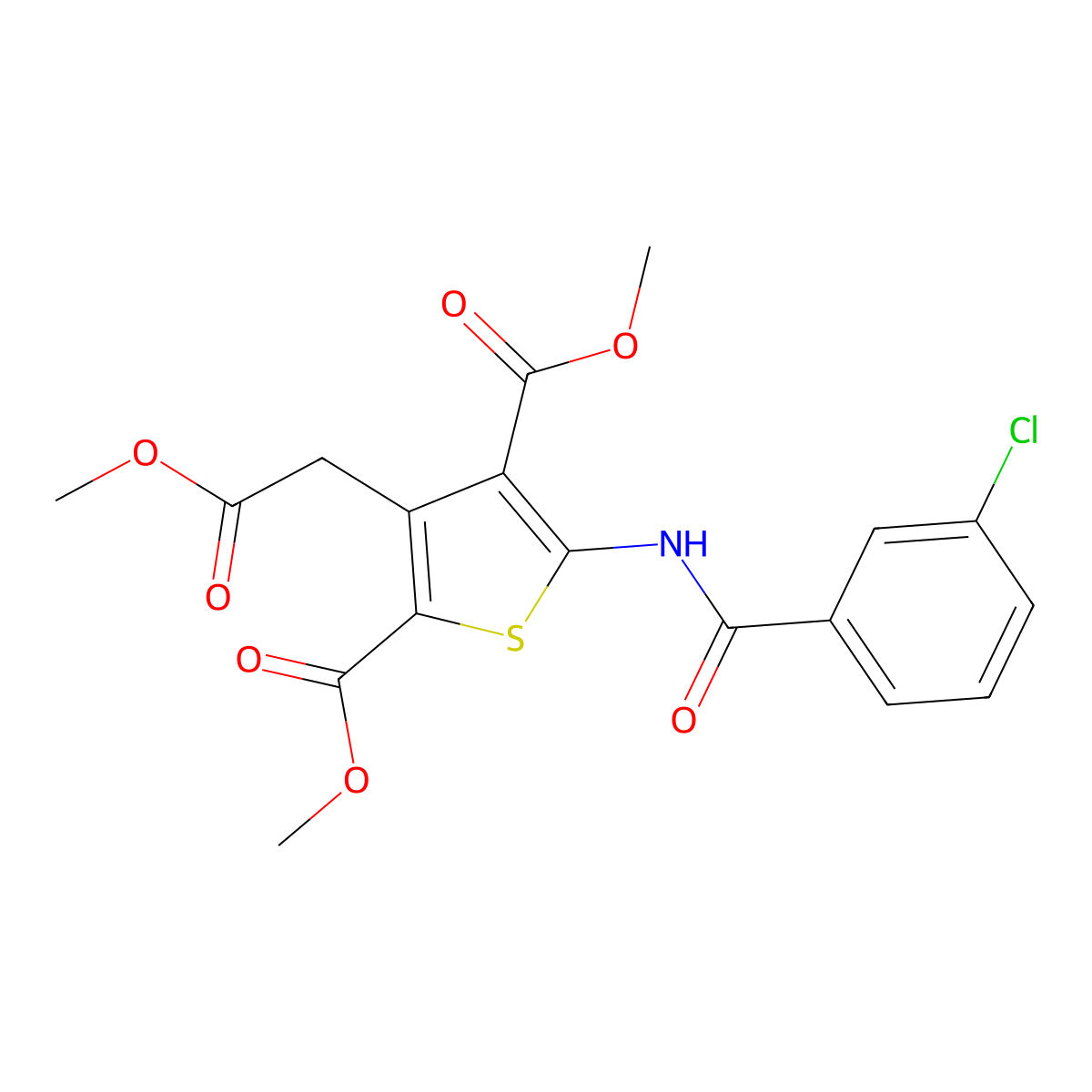 Dimethyl 5-[(3-chlorobenzoyl)amino]-3-(2-methoxy-2-oxoethyl)-2,4-thiophenedicarboxylate molecular structure, CAS 338393-17-2
