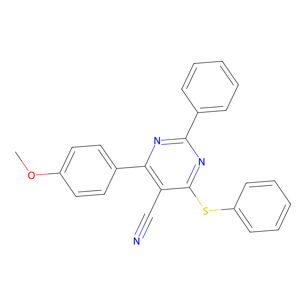4-(4-Methoxyphenyl)-2-phenyl-6-(phenylsulfanyl)-5-pyrimidinecarbonitrile molecular structure, CAS 338395-36-1