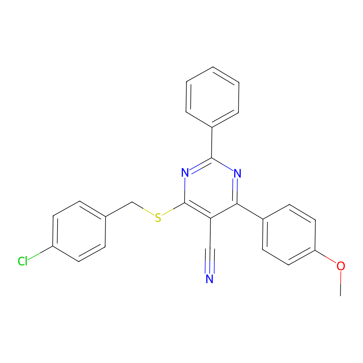 4-[(4-Chlorobenzyl)sulfanyl]-6-(4-methoxyphenyl)-2-phenyl-5-pyrimidinecarbonitrile molecular structure, CAS 338395-37-2