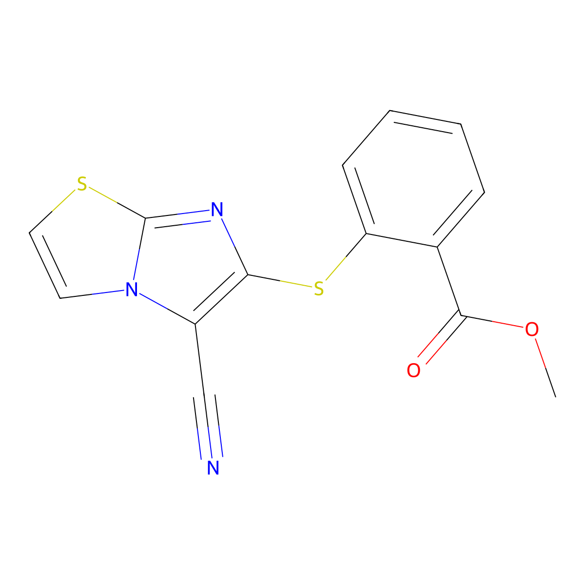 Methyl 2-(5-cyanoimidazo[2,1-b][1,3]thiazol-6-yl)sulfanylbenzoate molecular structure, CAS 338395-45-2
