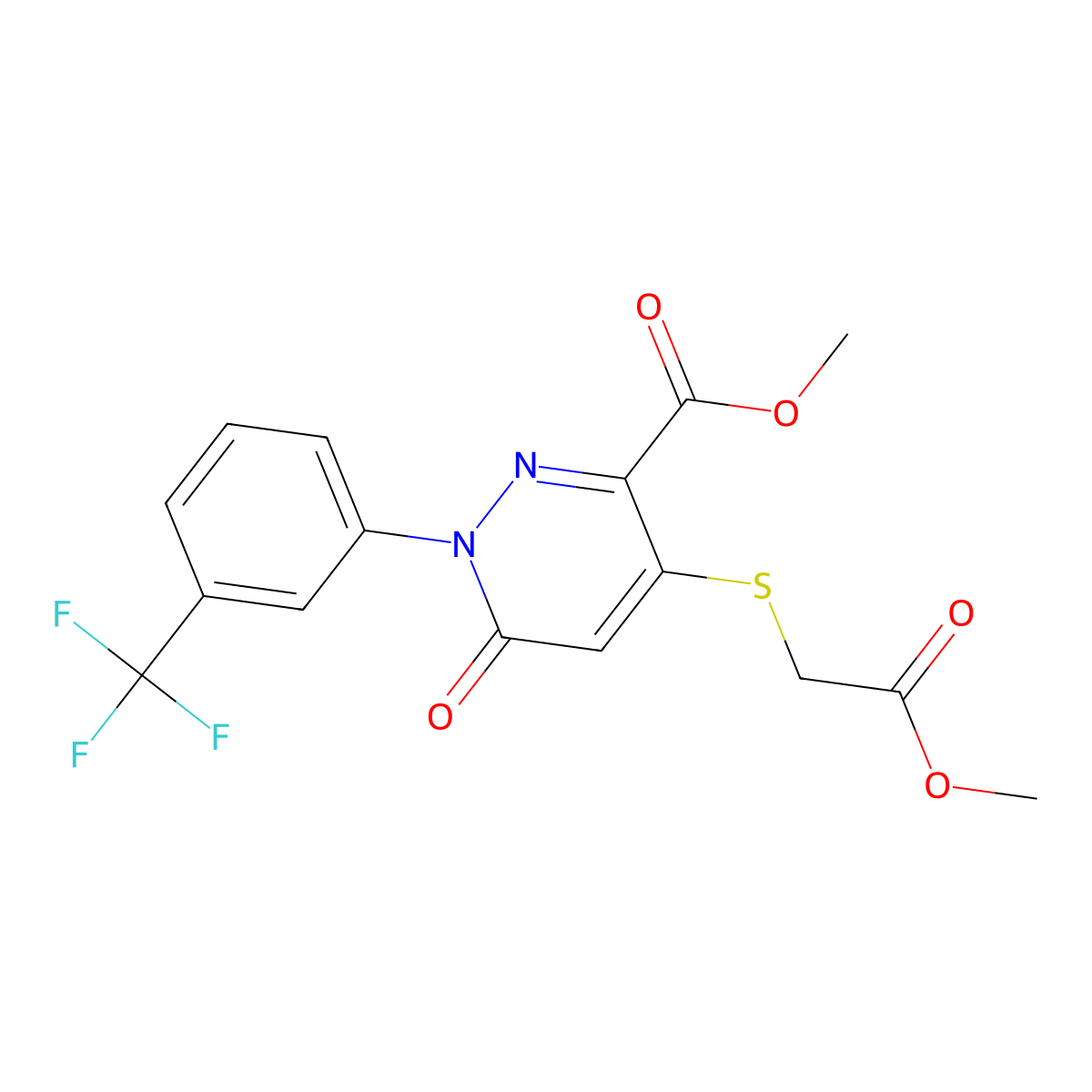 Methyl 4-[(2-methoxy-2-oxoethyl)sulfanyl]-6-oxo-1-[3-(trifluoromethyl)phenyl]-1,6-dihydro-3-pyridazinecarboxylate molecular structure, CAS 338395-91-8