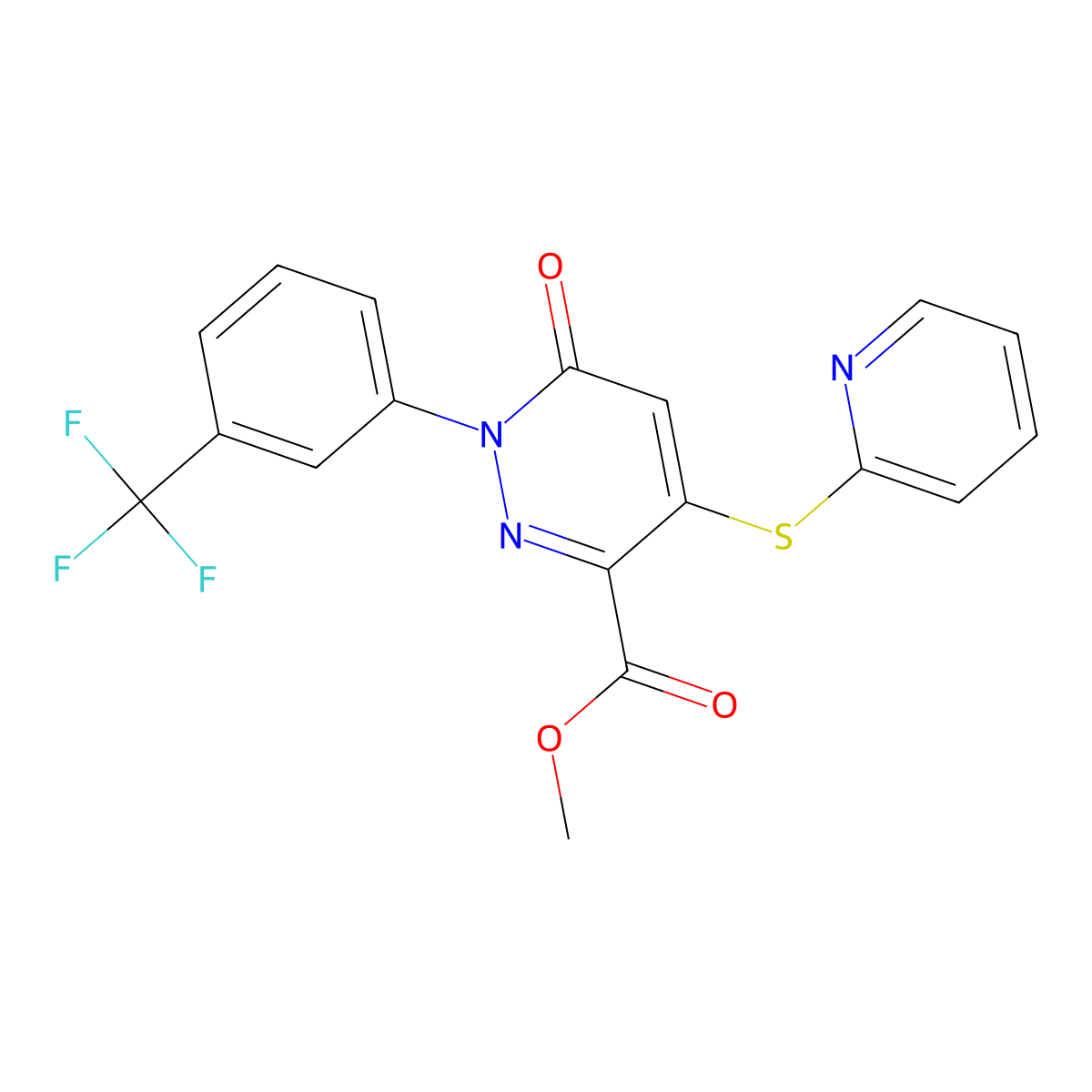 Methyl 6-oxo-4-(2-pyridinylsulfanyl)-1-[3-(trifluoromethyl)phenyl]-1,6-dihydro-3-pyridazinecarboxylate molecular structure, CAS 338395-93-0