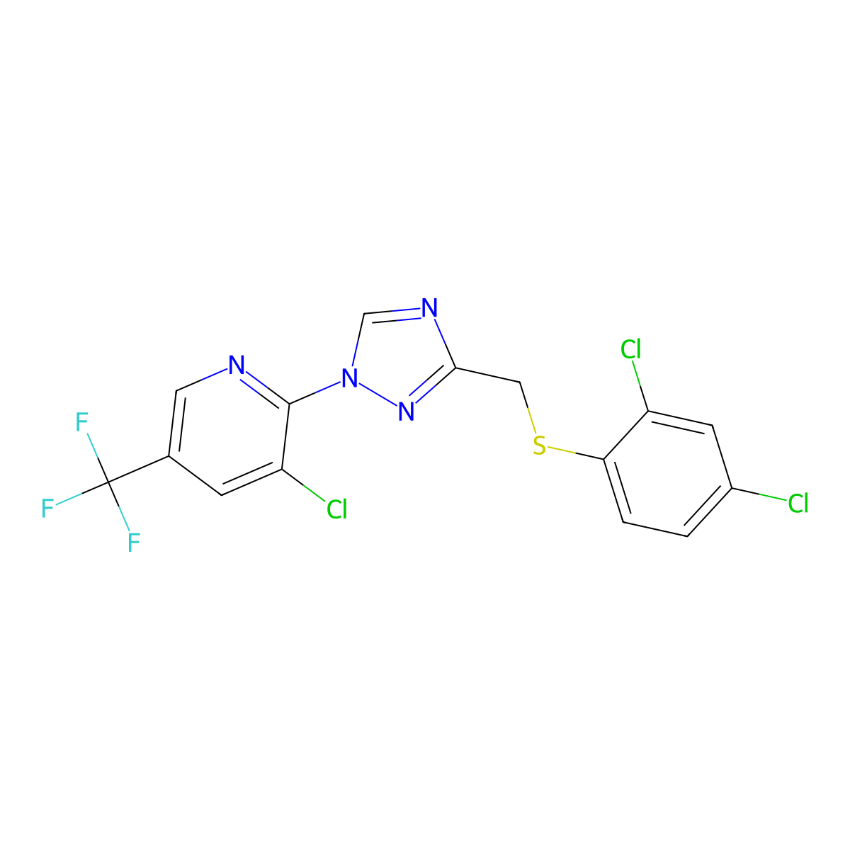 3-chloro-2-(3-{[(2,4-dichlorophenyl)sulfanyl]methyl}-1H-1,2,4-triazol-1-yl)-5-(trifluoromethyl)pyridine molecular structure, CAS 338396-03-5