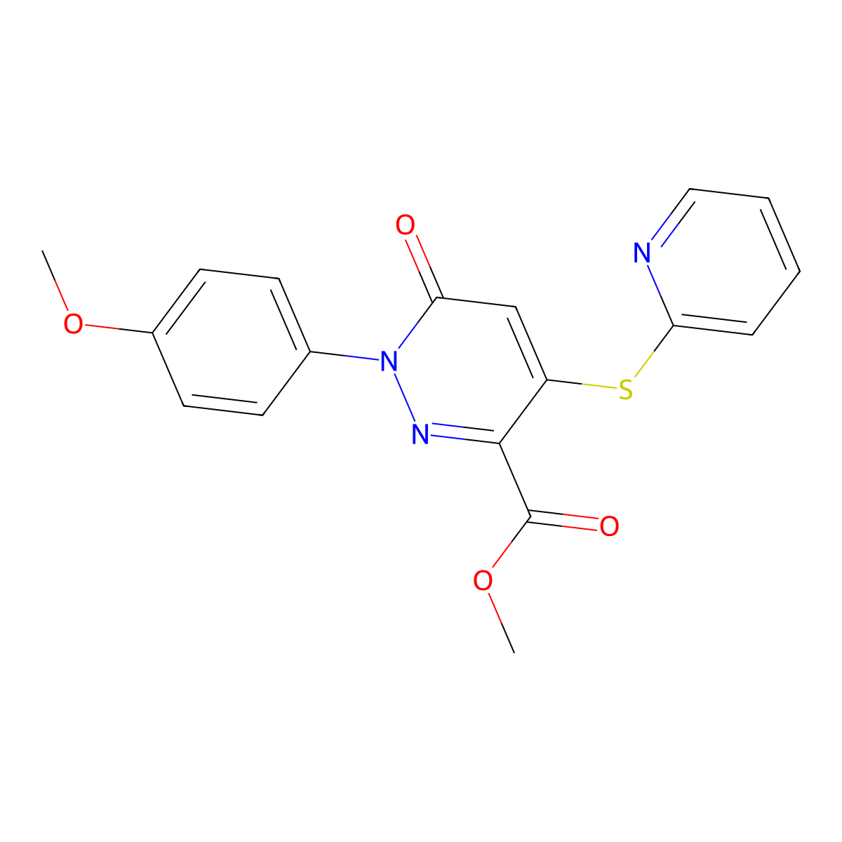 Methyl 1-(4-methoxyphenyl)-6-oxo-4-(2-pyridinylsulfanyl)-1,6-dihydro-3-pyridazinecarboxylate molecular structure, CAS 338396-07-9