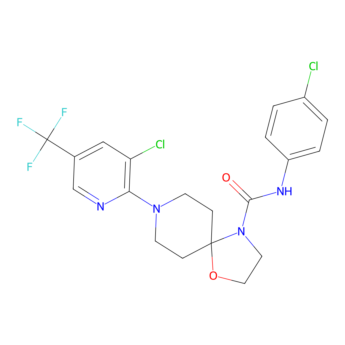 N-(4-chlorophenyl)-8-[3-chloro-5-(trifluoromethyl)-2-pyridinyl]-1-oxa-4,8-diazaspiro[4.5]decane-4-carboxamide molecular structure, CAS 338397-31-2