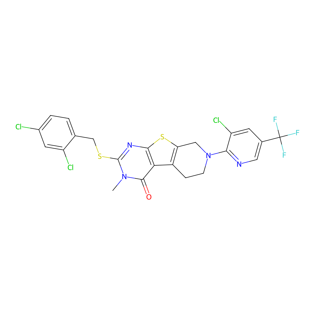 7-[3-chloro-5-(trifluoromethyl)-2-pyridinyl]-2-[(2,4-dichlorobenzyl)sulfanyl]-3-methyl-5,6,7,8-tetrahydropyrido[4',3':4,5]thieno[2,3-d]pyrimidin-4(3H)-one molecular structure, CAS 338397-40-3