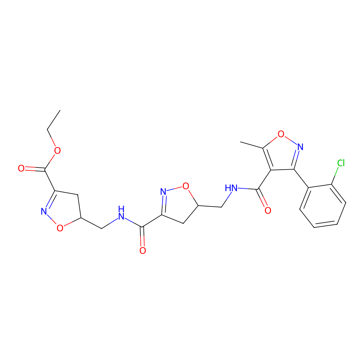 Ethyl 5-{[({5-[({[3-(2-chlorophenyl)-5-methyl-4-isoxazolyl]carbonyl}amino)methyl]-4,5-dihydro-3-isoxazolyl}carbonyl)amino]methyl}-4,5-dihydro-3-isoxazolecarboxylate molecular structure, CAS 338399-16-9