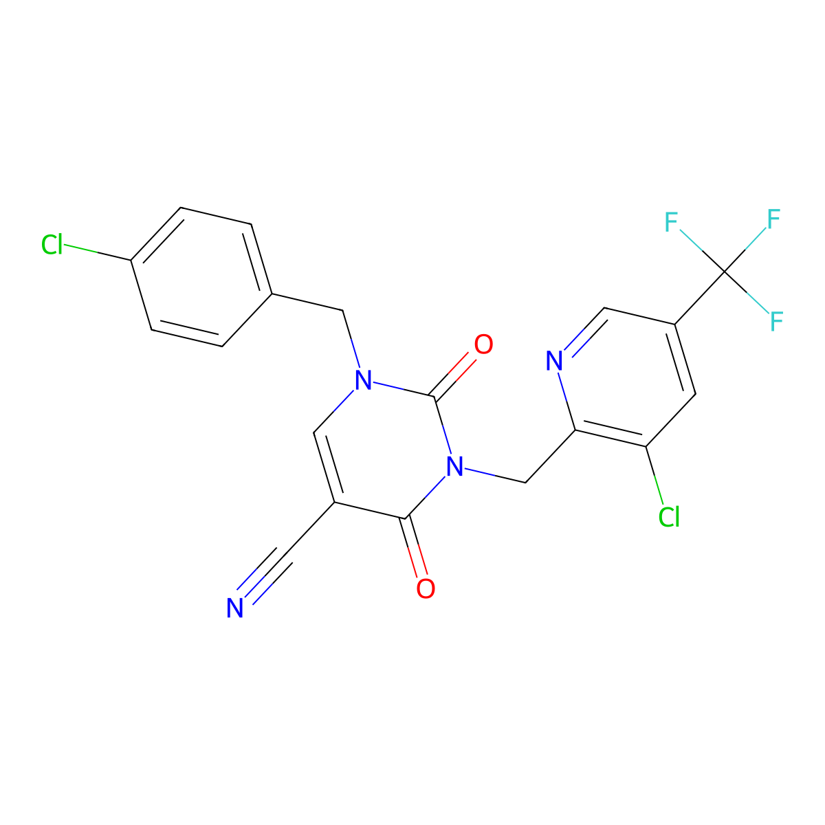 1-(4-Chlorobenzyl)-3-{[3-chloro-5-(trifluoromethyl)-2-pyridinyl]methyl}-2,4-dioxo-1,2,3,4-tetrahydro-5-pyrimidinecarbonitrile molecular structure, CAS 338399-22-7