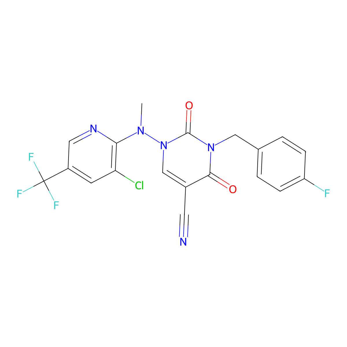 1-[[3-Chloro-5-(trifluoromethyl)pyridin-2-yl]-methylamino]-3-[(4-fluorophenyl)methyl]-2,4-dioxopyrimidine-5-carbonitrile molecular structure, CAS 338399-26-1