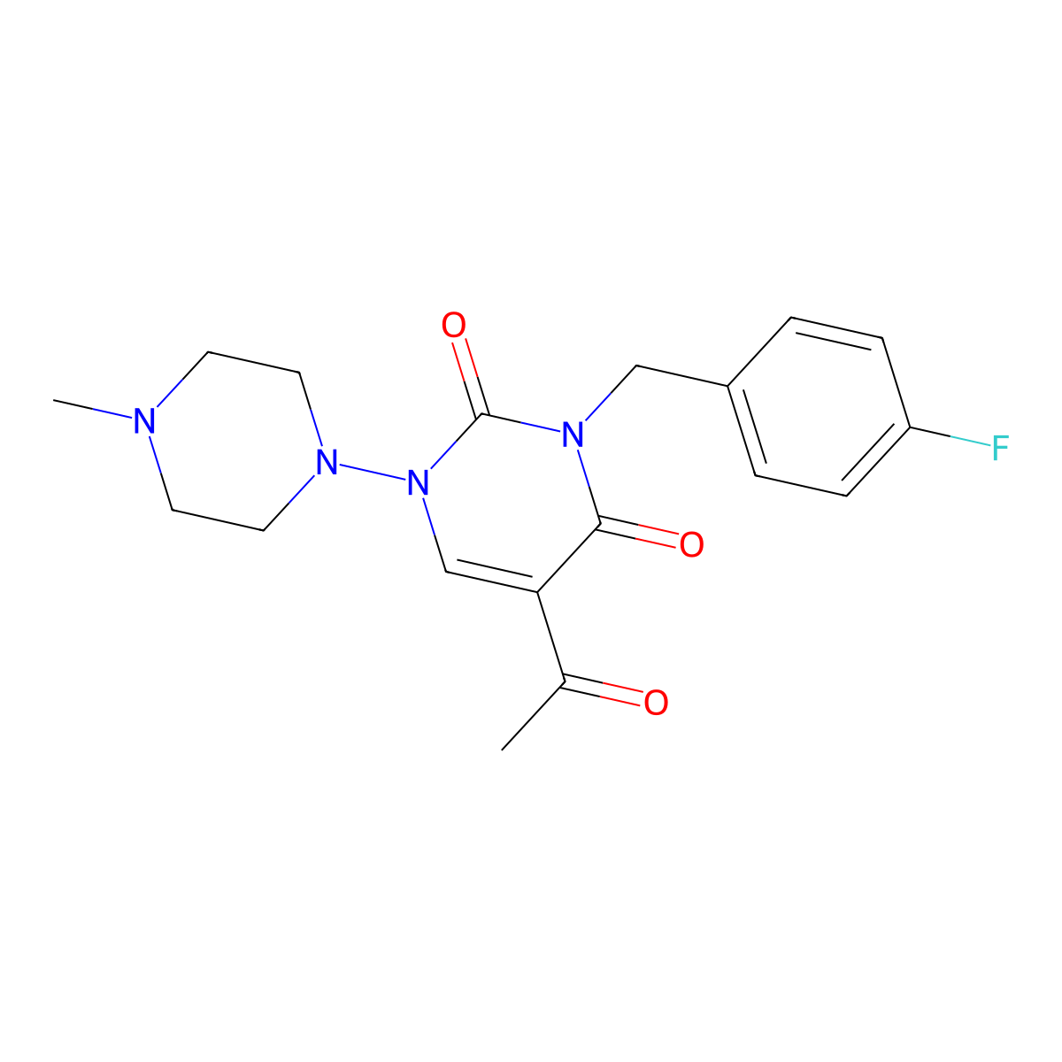 5-acetyl-3-(4-fluorobenzyl)-1-(4-methylpiperazino)-2,4(1H,3H)-pyrimidinedione molecular structure, CAS 338399-28-3