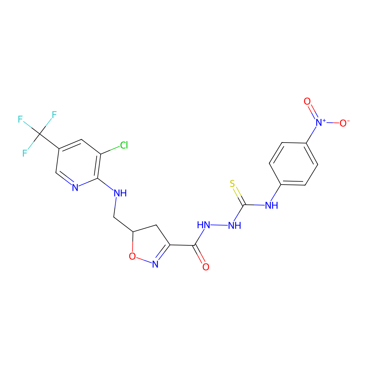 1-[[5-[[[3-Chloro-5-(trifluoromethyl)pyridin-2-yl]amino]methyl]-4,5-dihydro-1,2-oxazole-3-carbonyl]amino]-3-(4-nitrophenyl)thiourea molecular structure, CAS 338399-31-8
