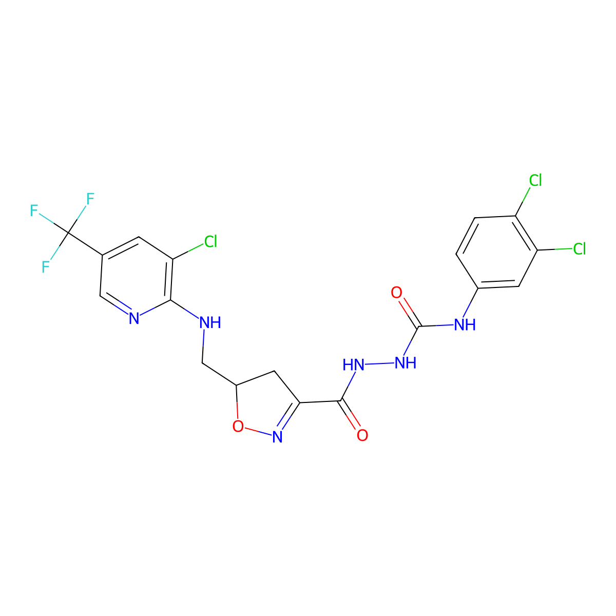 2-{[5-({[3-chloro-5-(trifluoromethyl)-2-pyridinyl]amino}methyl)-4,5-dihydro-3-isoxazolyl]carbonyl}-N-(3,4-dichlorophenyl)-1-hydrazinecarboxamide molecular structure, CAS 338399-33-0