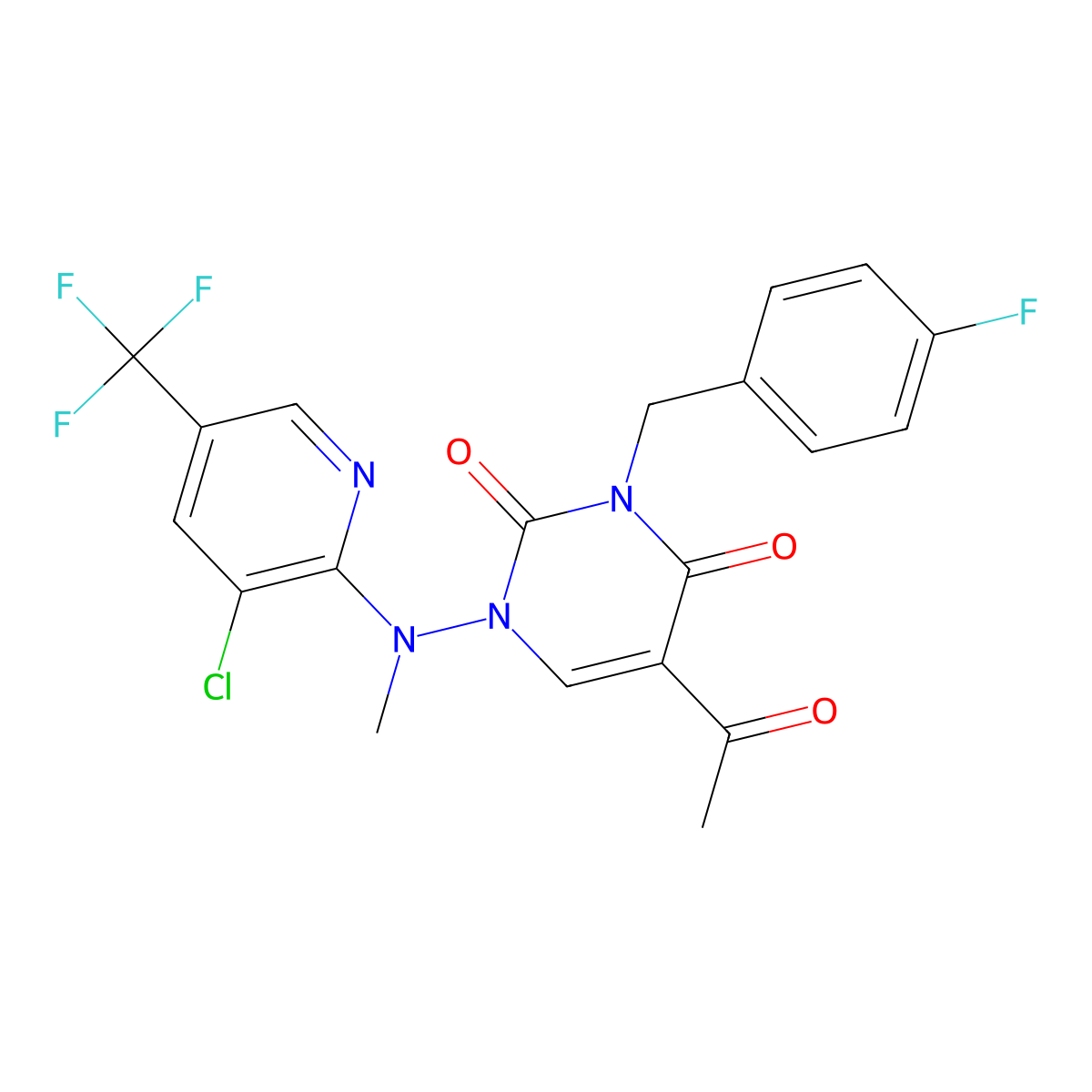 5-acetyl-1-[[3-chloro-5-(trifluoromethyl)-2-pyridinyl](methyl)amino]-3-(4-fluorobenzyl)-2,4(1H,3H)-pyrimidinedione molecular structure, CAS 338399-39-6