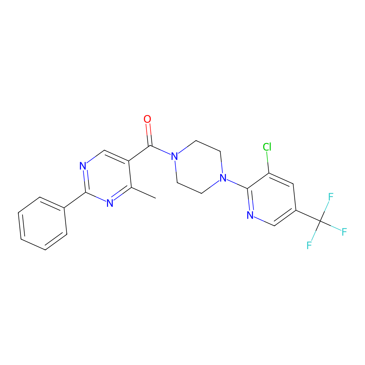{4-[3-Chloro-5-(trifluoromethyl)-2-pyridinyl]piperazino}(4-methyl-2-phenyl-5-pyrimidinyl)methanone molecular structure, CAS 338399-42-1