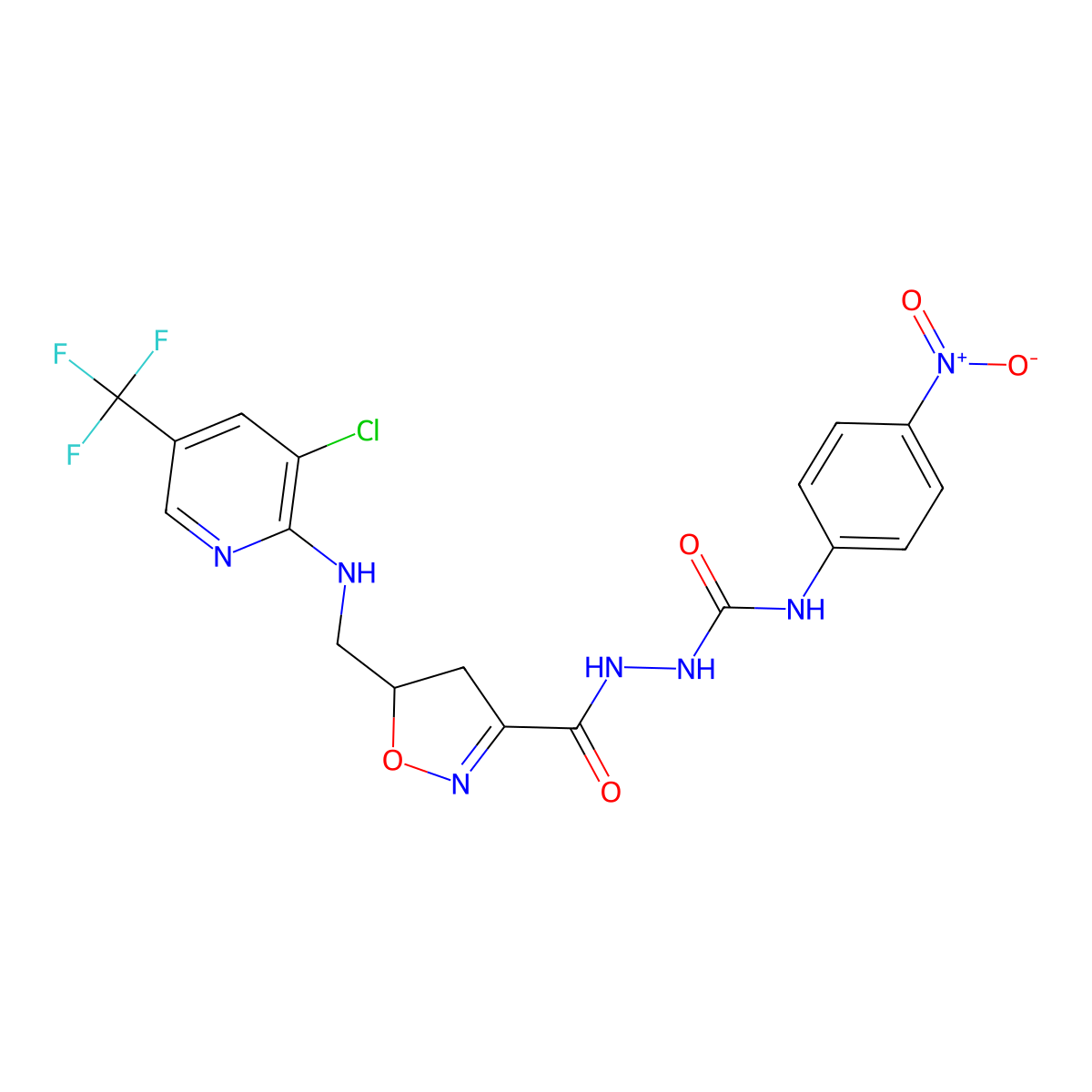 2-{[5-({[3-chloro-5-(trifluoromethyl)-2-pyridinyl]amino}methyl)-4,5-dihydro-3-isoxazolyl]carbonyl}-N-(4-nitrophenyl)-1-hydrazinecarboxamide molecular structure, CAS 338399-54-5