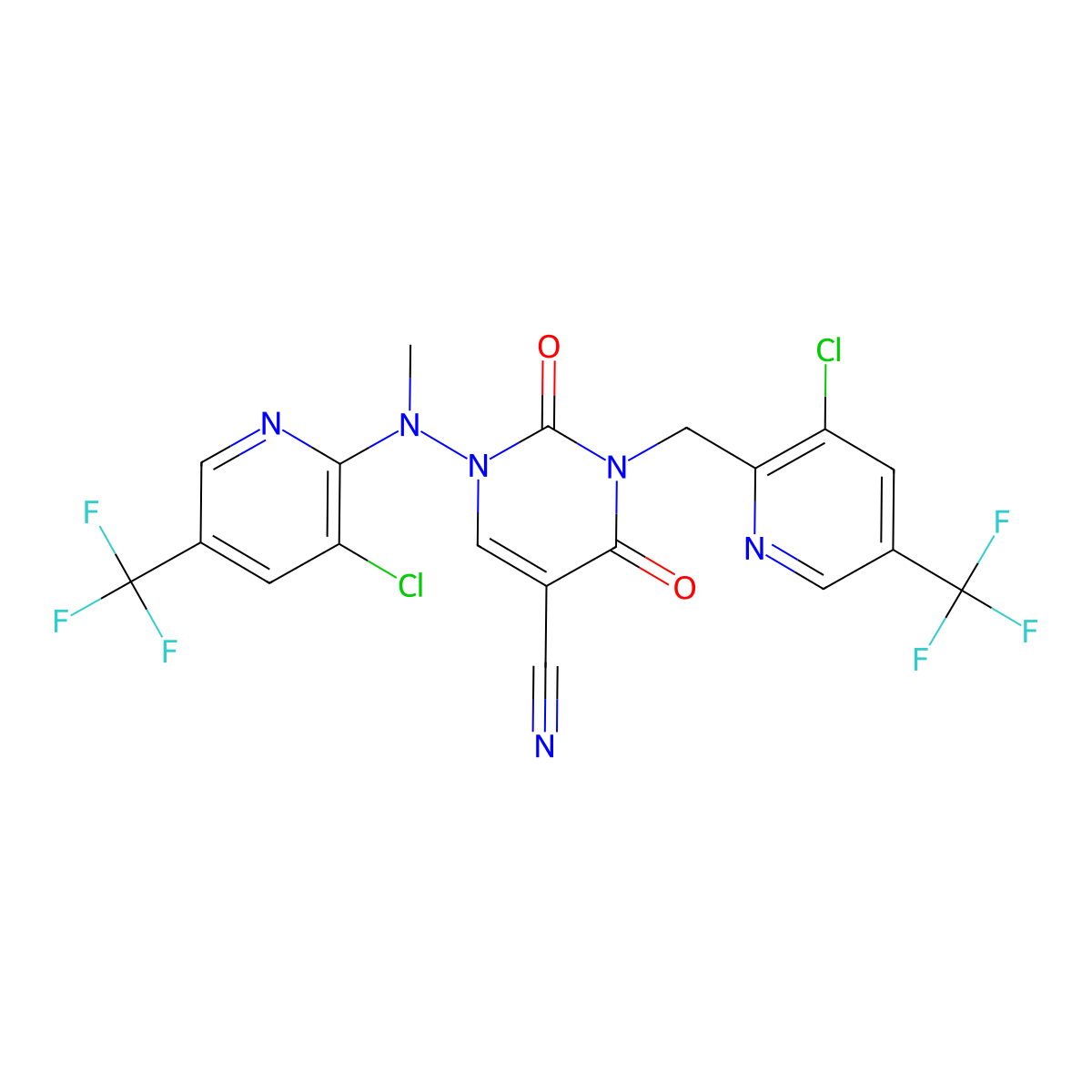 3-[[3-Chloro-5-(trifluoromethyl)pyridin-2-yl]methyl]-1-[[3-chloro-5-(trifluoromethyl)pyridin-2-yl]-methylamino]-2,4-dioxopyrimidine-5-carbonitrile molecular structure, CAS 338399-61-4