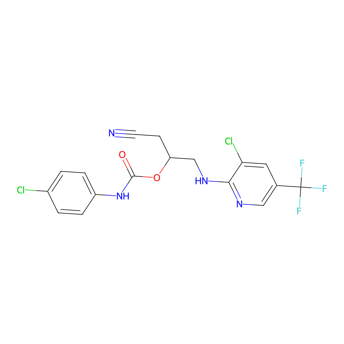 2-{[3-chloro-5-(trifluoromethyl)-2-pyridinyl]amino}-1-(cyanomethyl)ethyl N-(4-chlorophenyl)carbamate molecular structure, CAS 338399-88-5