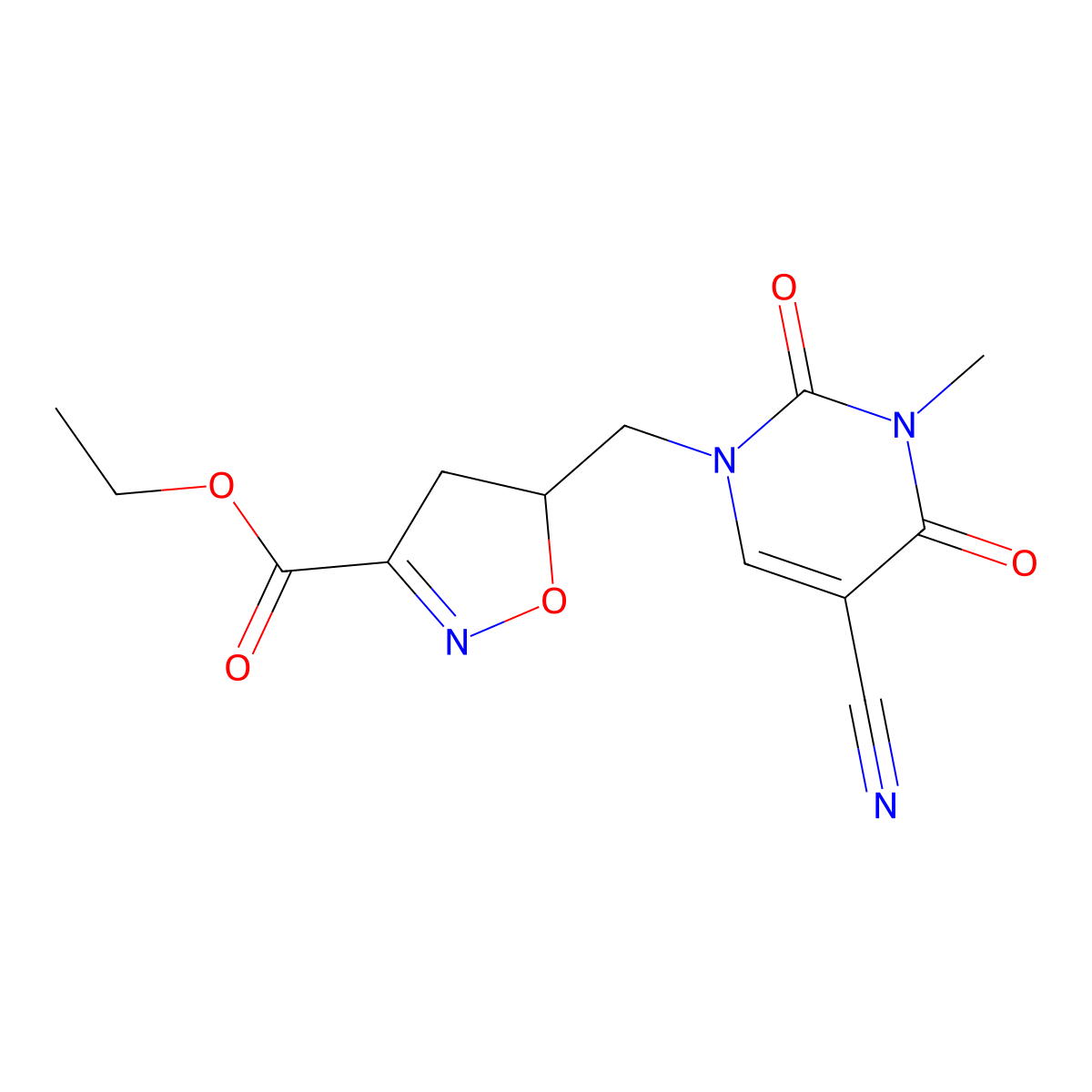 ethyl 5-{[5-cyano-3-methyl-2,4-dioxo-3,4-dihydro-1(2H)-pyrimidinyl]methyl}-4,5-dihydro-3-isoxazolecarboxylate molecular structure, CAS 338399-97-6
