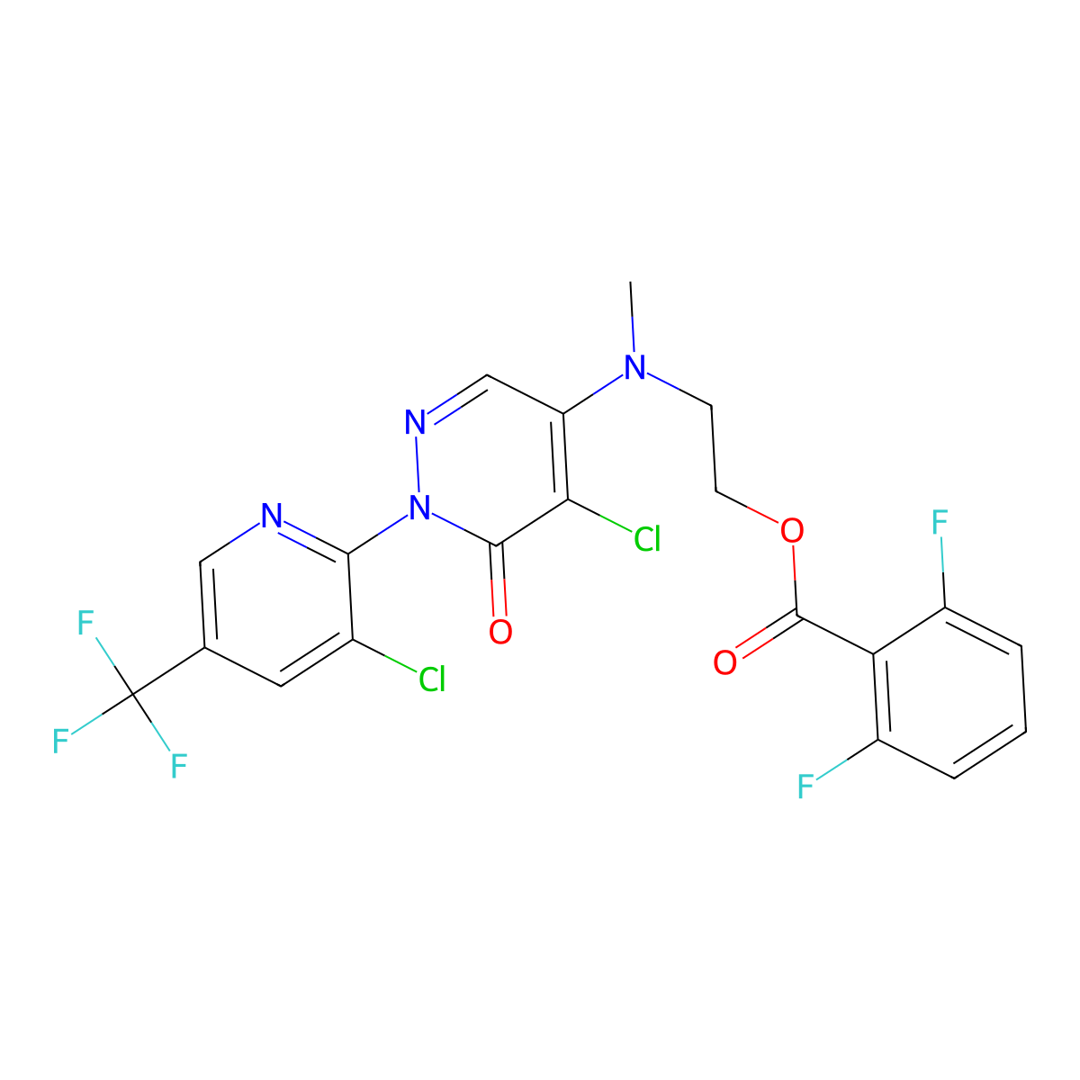 2-((5-Chloro-1-(3-chloro-5-(trifluoromethyl)-2-pyridinyl)-6-oxo-1,6-dihydro-4-pyridazinyl)(methyl)amino)ethyl 2,6-difluorobenzenecarboxylate molecular structure, CAS 338400-01-4