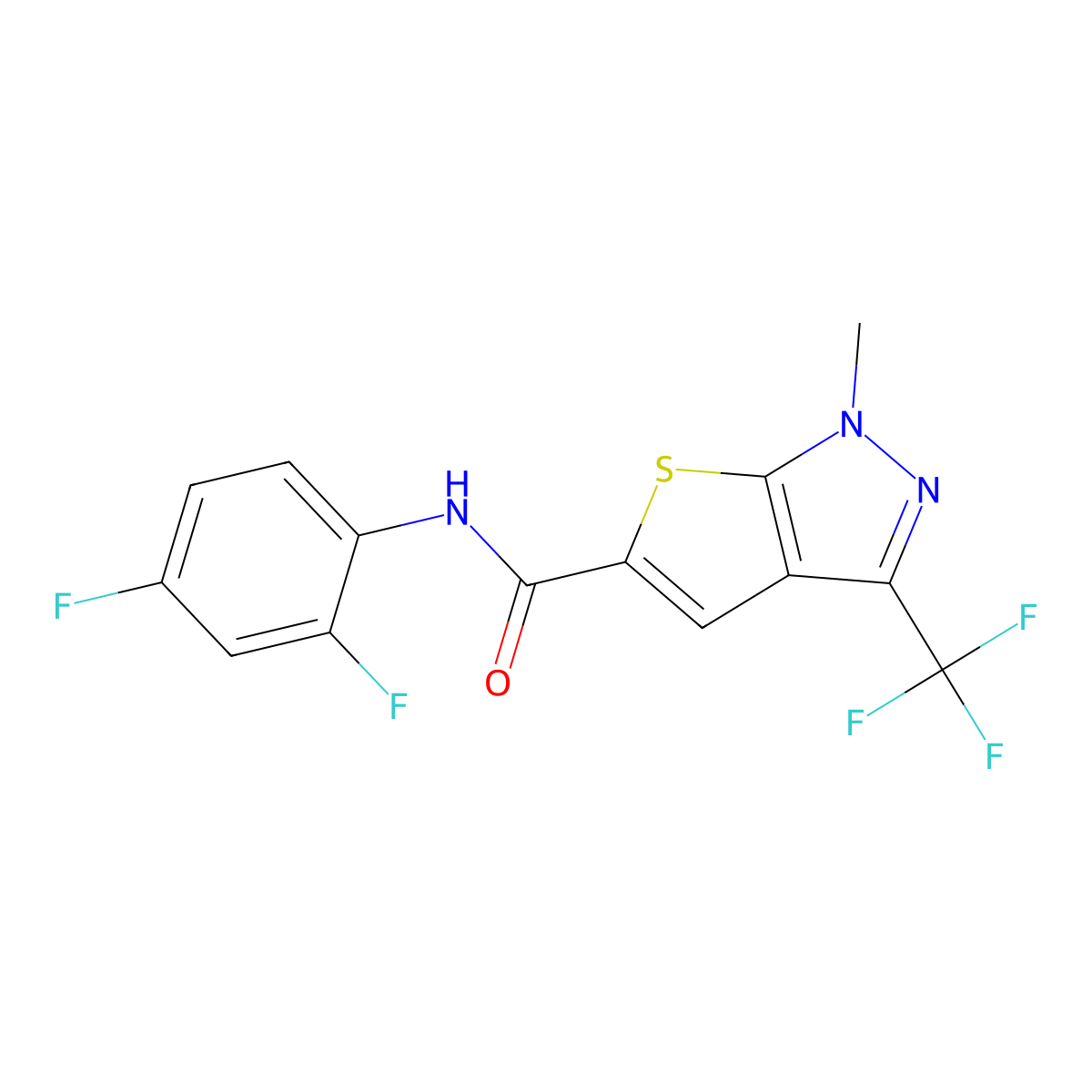 N-(2,4-difluorophenyl)-1-methyl-3-(trifluoromethyl)-1H-thieno[2,3-c]pyrazole-5-carboxamide molecular structure, CAS 338400-47-8
