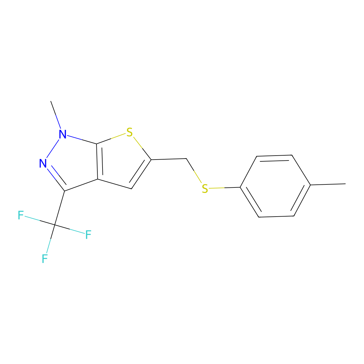 4-methylphenyl [1-methyl-3-(trifluoromethyl)-1H-thieno[2,3-c]pyrazol-5-yl]methyl sulfide molecular structure, CAS 338400-54-7