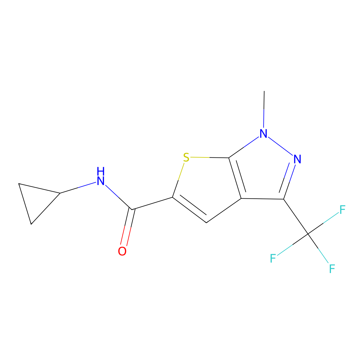 N-cyclopropyl-1-methyl-3-(trifluoromethyl)-1H-thieno[2,3-c]pyrazole-5-carboxamide molecular structure, CAS 338400-59-2