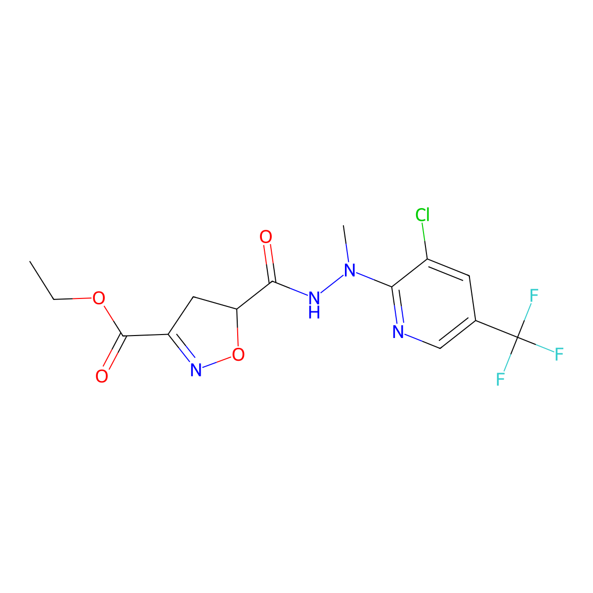 Ethyl 5-({2-[3-chloro-5-(trifluoromethyl)-2-pyridinyl]-2-methylhydrazino}carbonyl)-4,5-dihydro-3-isoxazolecarboxylate molecular structure, CAS 338400-94-5